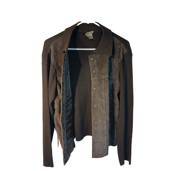Escapade Brown Suede Front Long Sleeve Sweater Snap Front Jacket Women's LG - Picture 3 of 5
